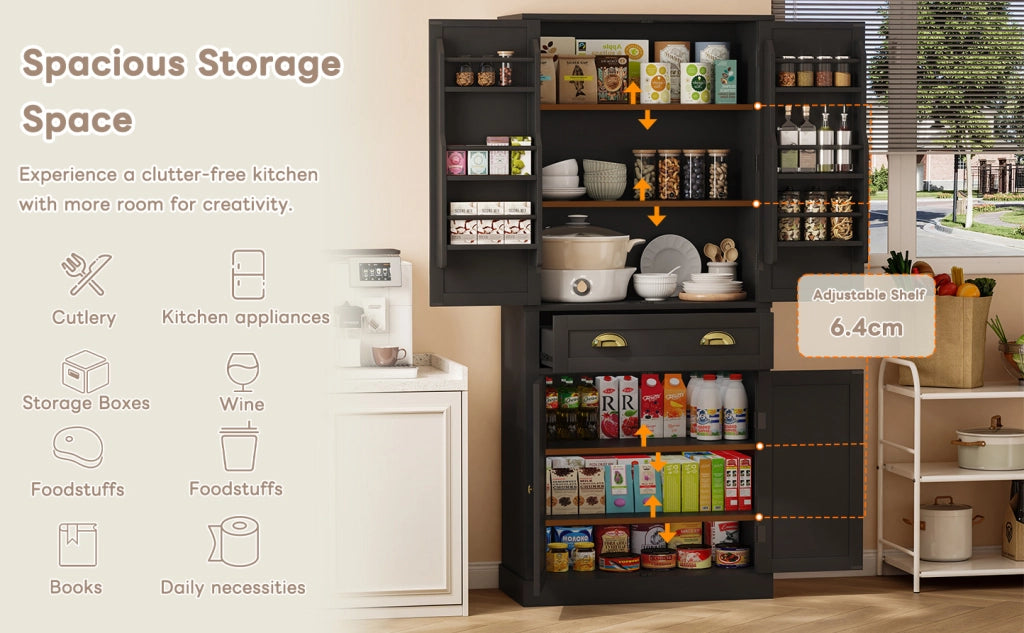 Armadio contenitore nero 182 cm con 4 ante, 1 cassetto e ripiani regolabili per cucina e soggiorno