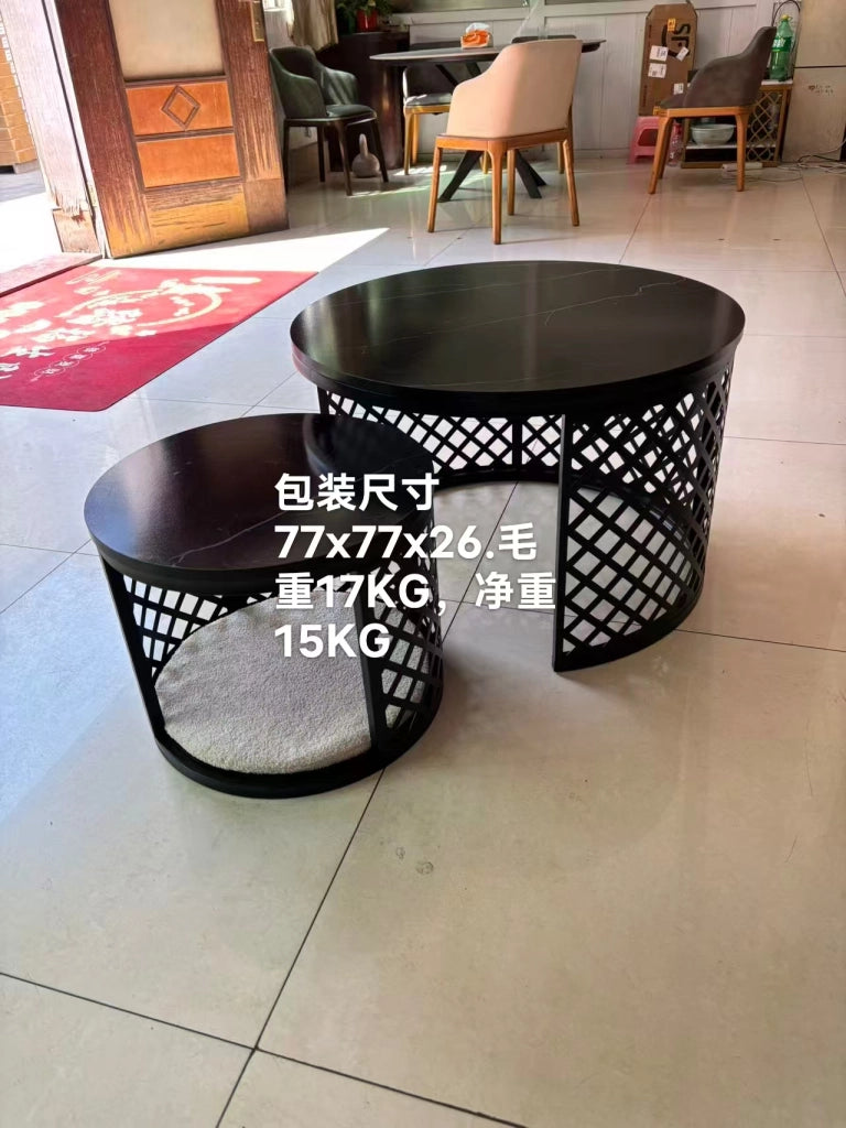 Set 2 tavolini da caffè rotondi 70 e 45 cm con spazio per animali; MDF e metallo bianco