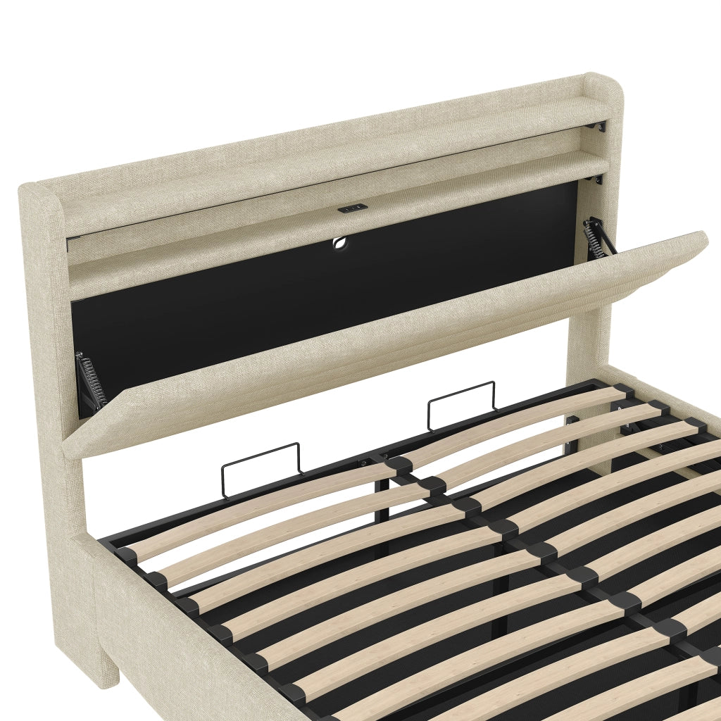 Letto contenitore 140 × 200 cm con LED; porte USB e Type-C; rivestito in lino beige con vano idraulico