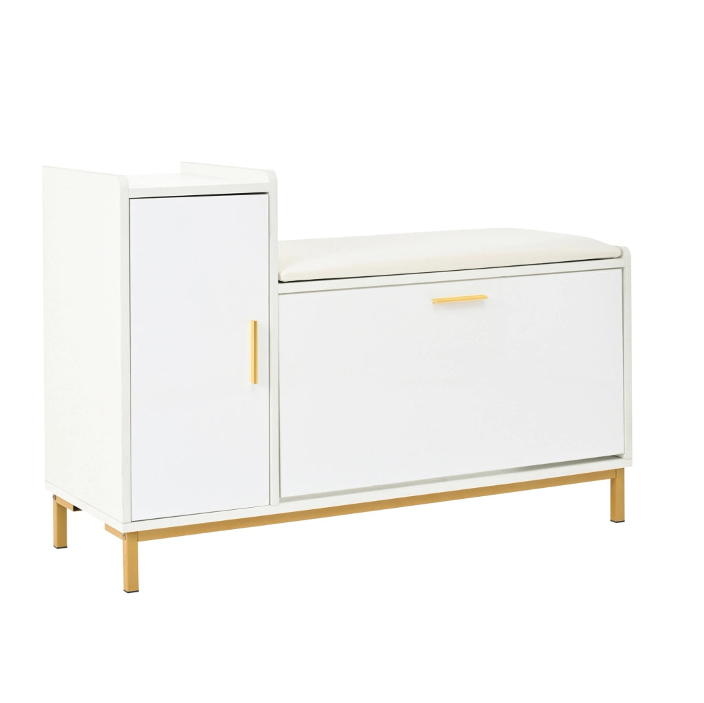 Panca scarpiera 100x38x68 cm con seduta imbottita e ante a ribalta in truciolato e metallo bianco e oro