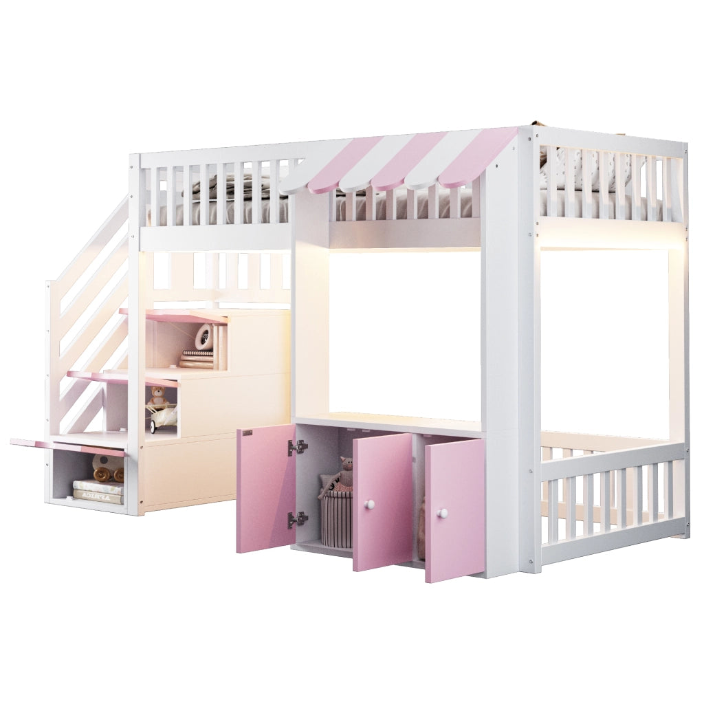 Letto a soppalco in legno 90 x 200 cm con scala contenitore e luci LED multicolore; rosa e bianco