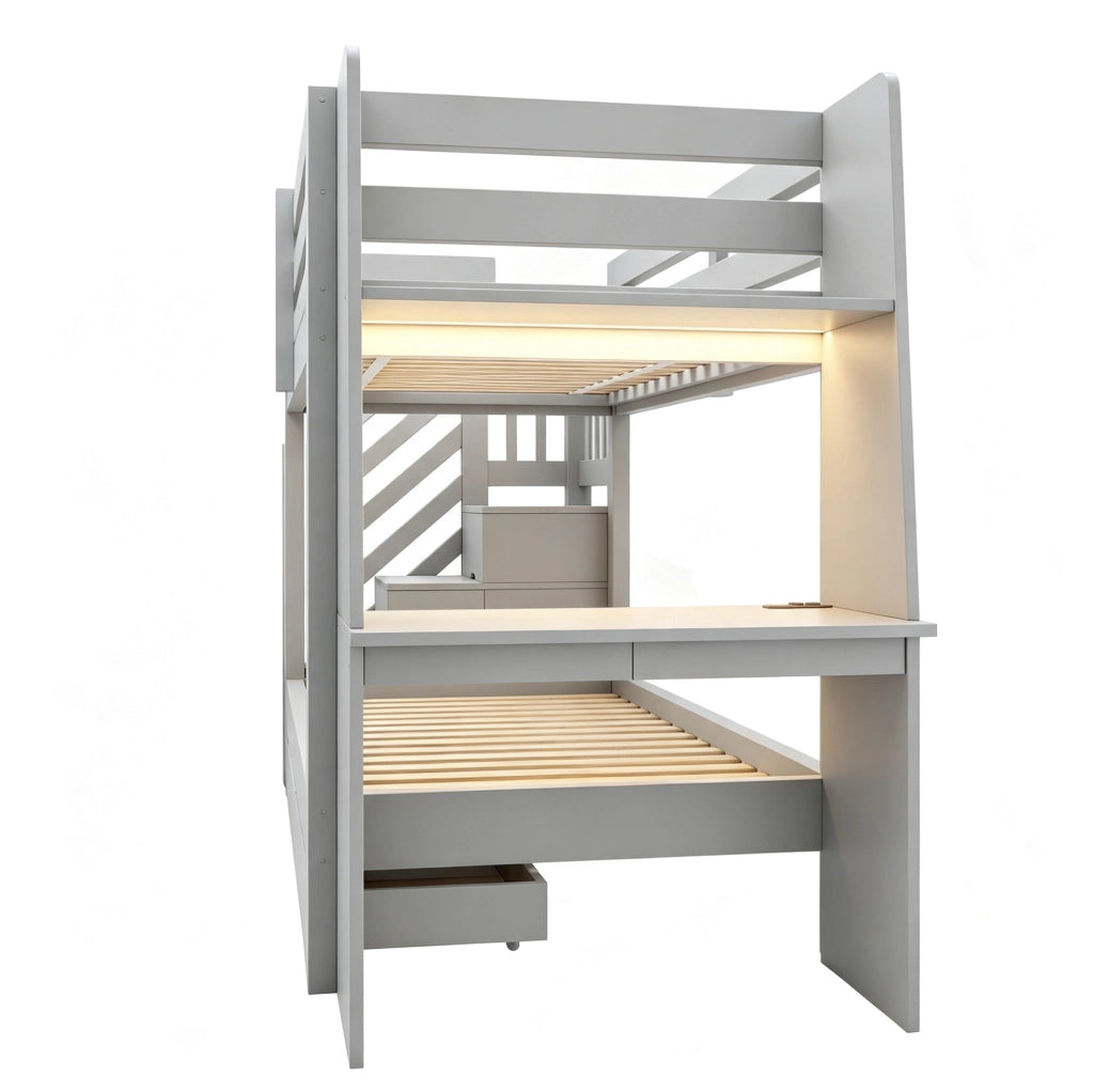 Letto a castello multifunzionale in legno 90x200 cm con scrivania integrata, scala contenitore, LED e prese, colore grigio