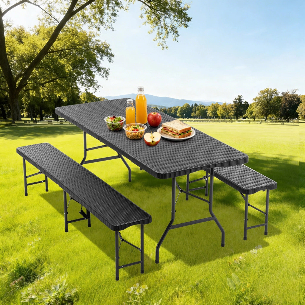 Set Tavolo Picnic Pieghevole con 2 Panche ¨C MINIMAL ¨C 3 Pezzi, HDPE, Nero, 182cm