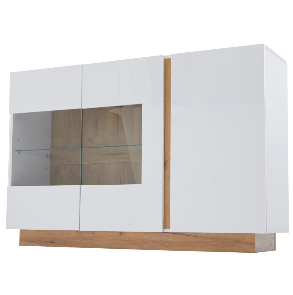 Madia 138 x 38;5 x 90;5 cm bianca lucida con 3 ante; vetro e LED RGB Bluetooth HOMVRA