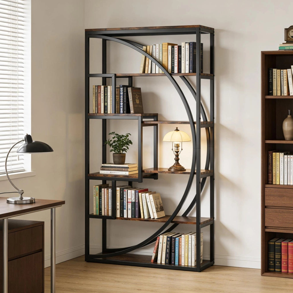 Libreria a 6 Ripiani con Design Geometrico Moderno in Metallo Nero e Legno, 80x35x179 cm