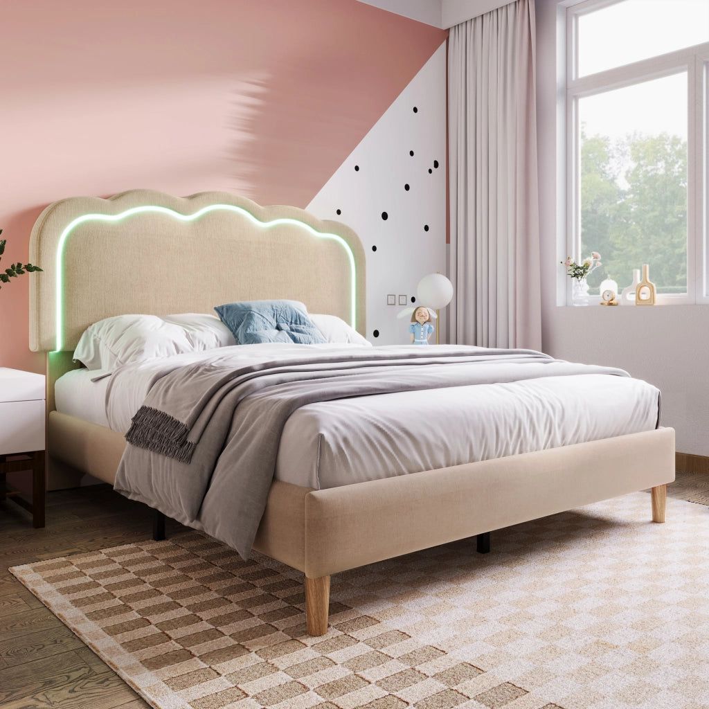 Letto con LED 140x200 cm con testiera regolabile imbottita in lino beige