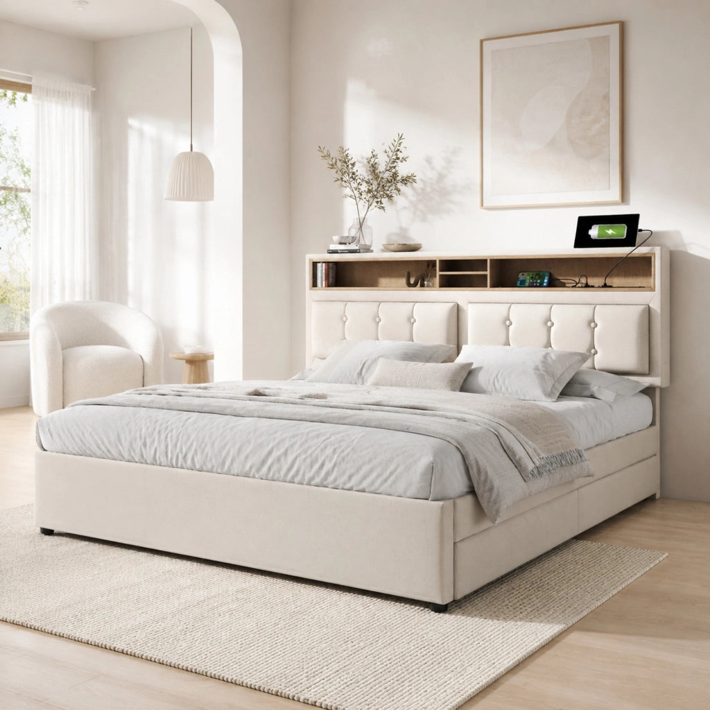 Letto matrimoniale imbottito 140 × 200 cm con 4 cassetti prese USB C testiera regolabile in lino beige