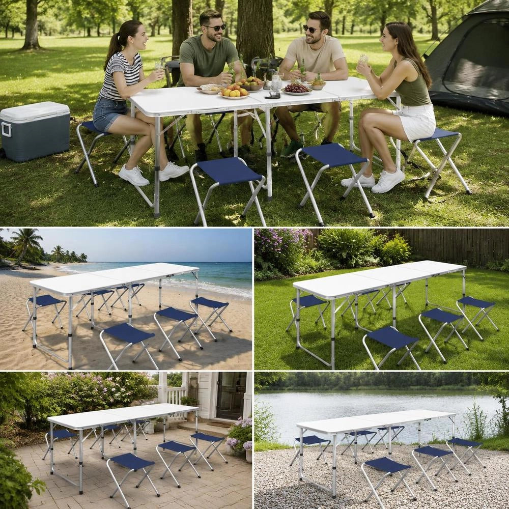 Folding Camping Table With 4 Stools, Height Adjustable, 180x60 Cm