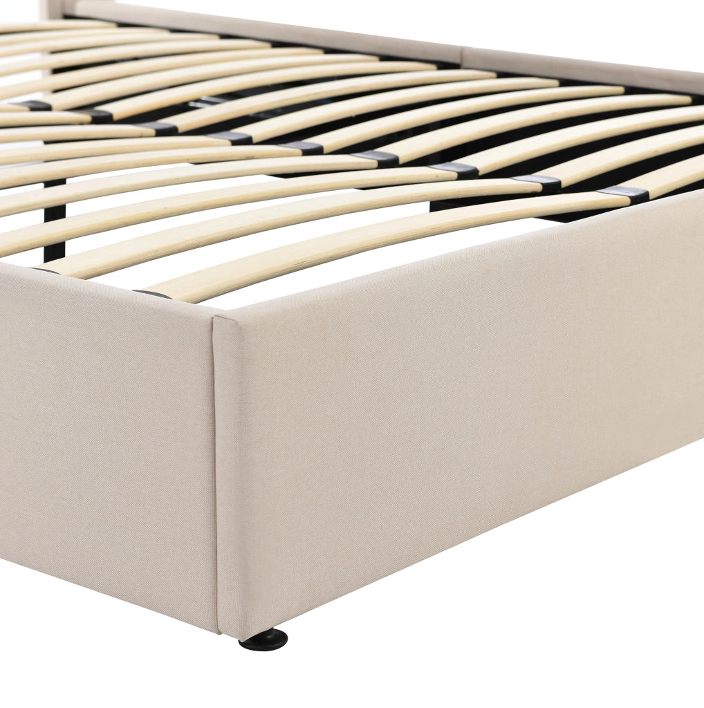 Letto matrimoniale imbottito con contenitore e sistema idraulico 160x200 cm, in lino beige