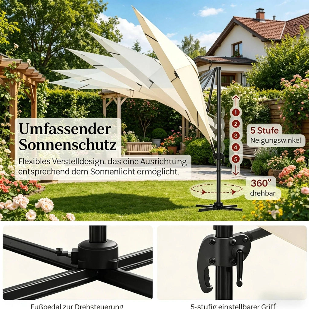 Ombrellone rotondo da balcone beige con base incrociata in metallo, 3 m di diametro, per giardino e terrazza