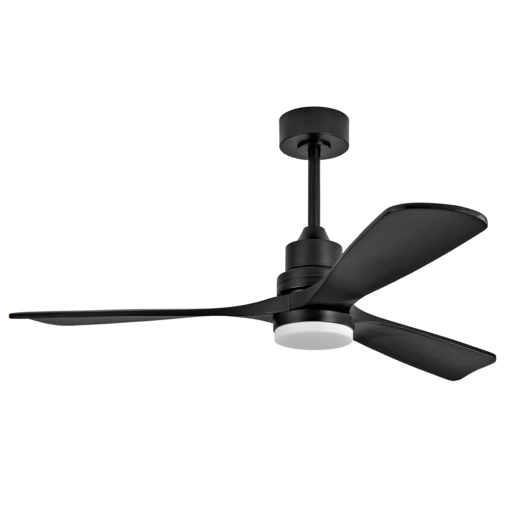 Ventilatore da soffitto 52" in legno massiccio con pale nere, illuminazione LED dimmerabile e telecomando