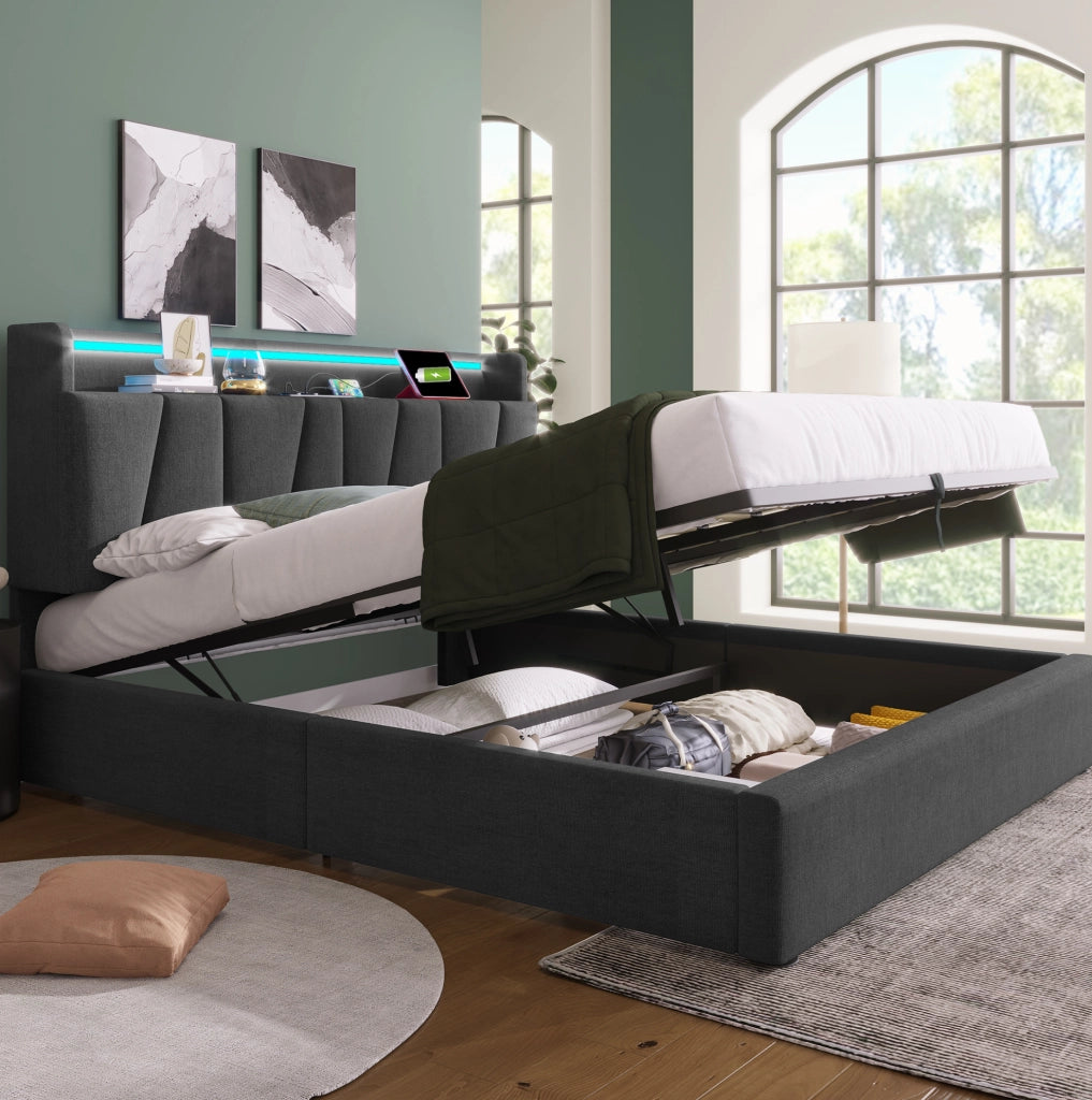 Letto matrimoniale 140x200 grigio con LED, USB e materasso
