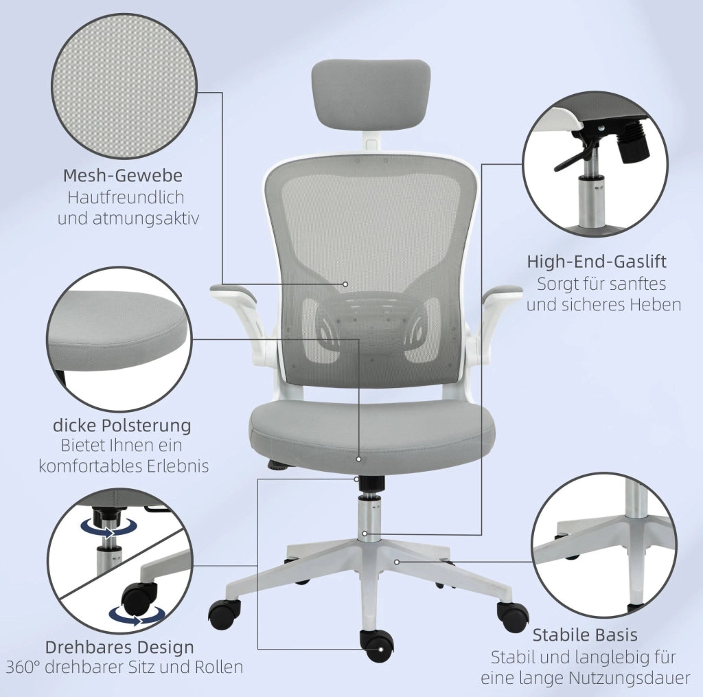 Sedia da ufficio ergonomica grigia con schienale in rete, poggiatesta regolabile e funzione dondolo, 65x64x114-122 cm