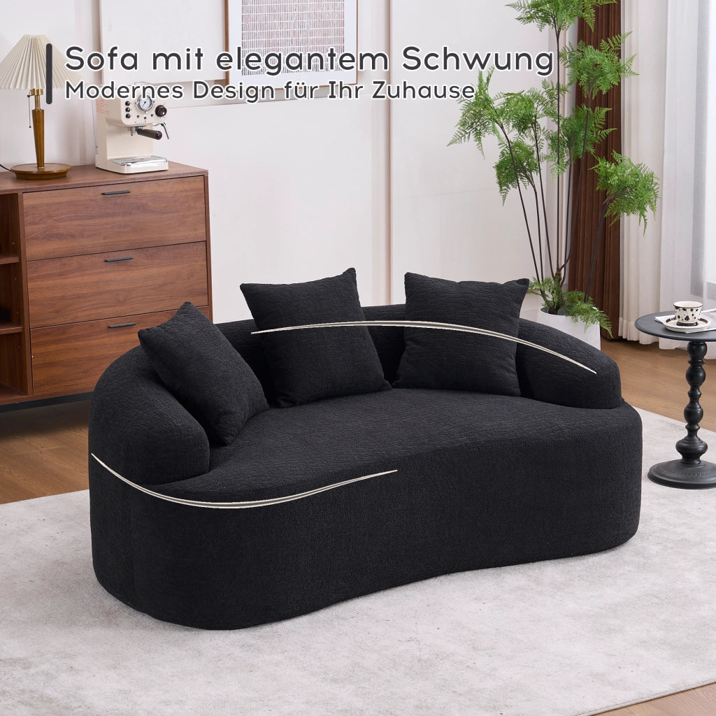 Divano modulare curvo 2 posti con seduta profonda, tre cuscini decorativi e molle insacchettate in ciniglia nera