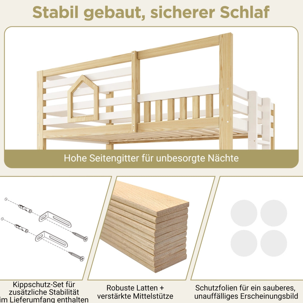 Letto a castello 90x200 cm per bambini con contenitore idraulico; pino; MDF e compensato; bianco e rovere