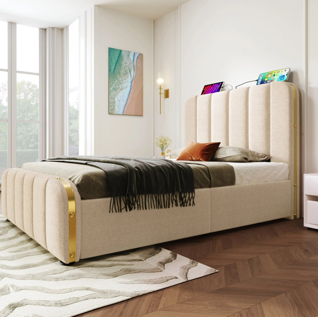 Letto singolo imbottito 90x200 cm con contenitore, USB e Tipo-C, beige