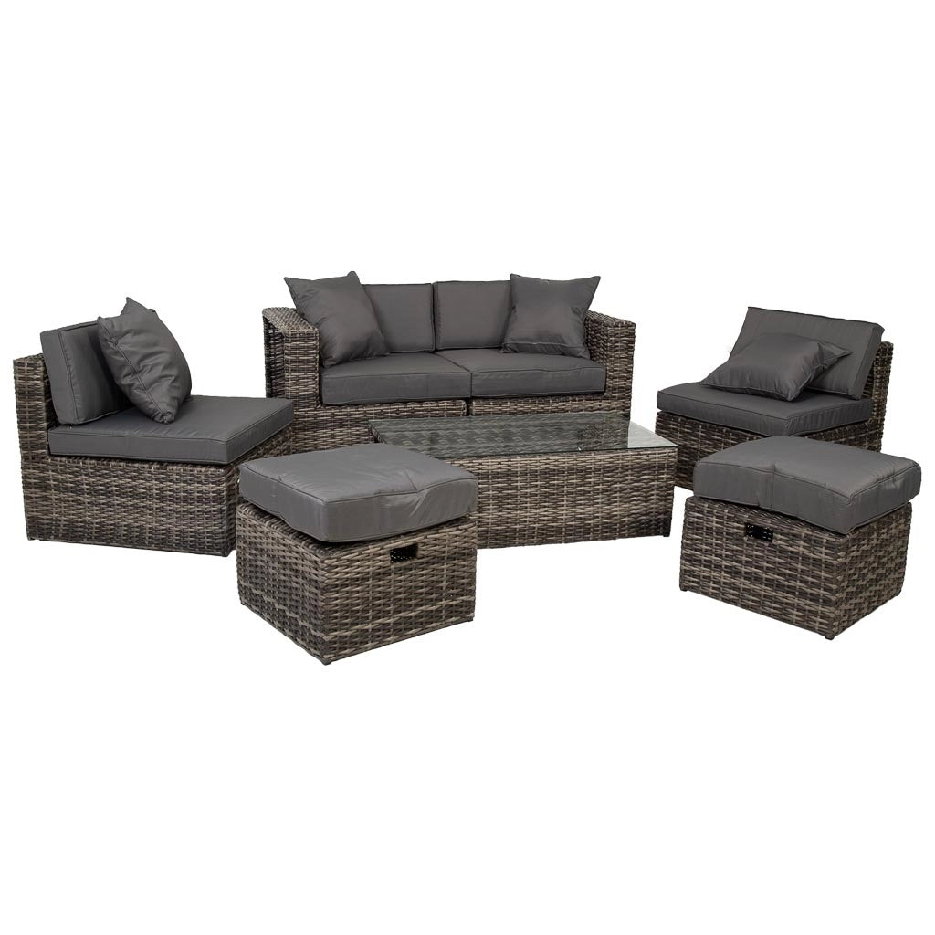 Set tavolo grigio, divano, 2 poltrone e 2 poggiapiedi