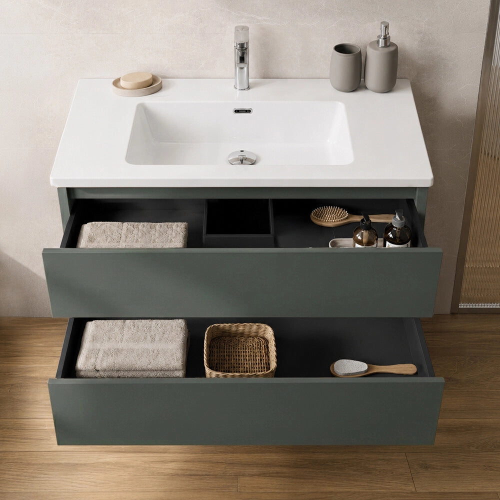 Mobile bagno sospeso 100 cm verde due cassetti push-pull e lavabo Tierra