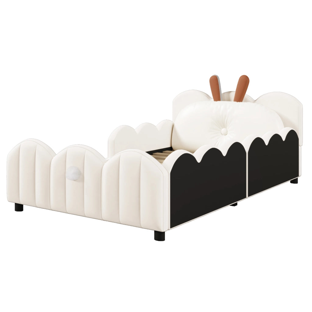 Letto imbottito 90 × 200 cm con cuscino a orecchie di coniglio e sponde continue in velluto beige