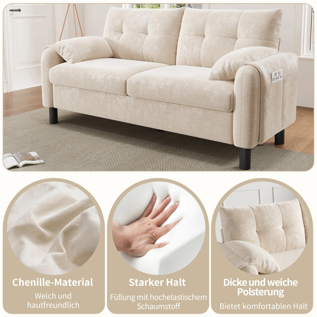 Divano dritto 2 posti con cuscini spessi, tasche laterali e braccioli imbottiti in ciniglia beige