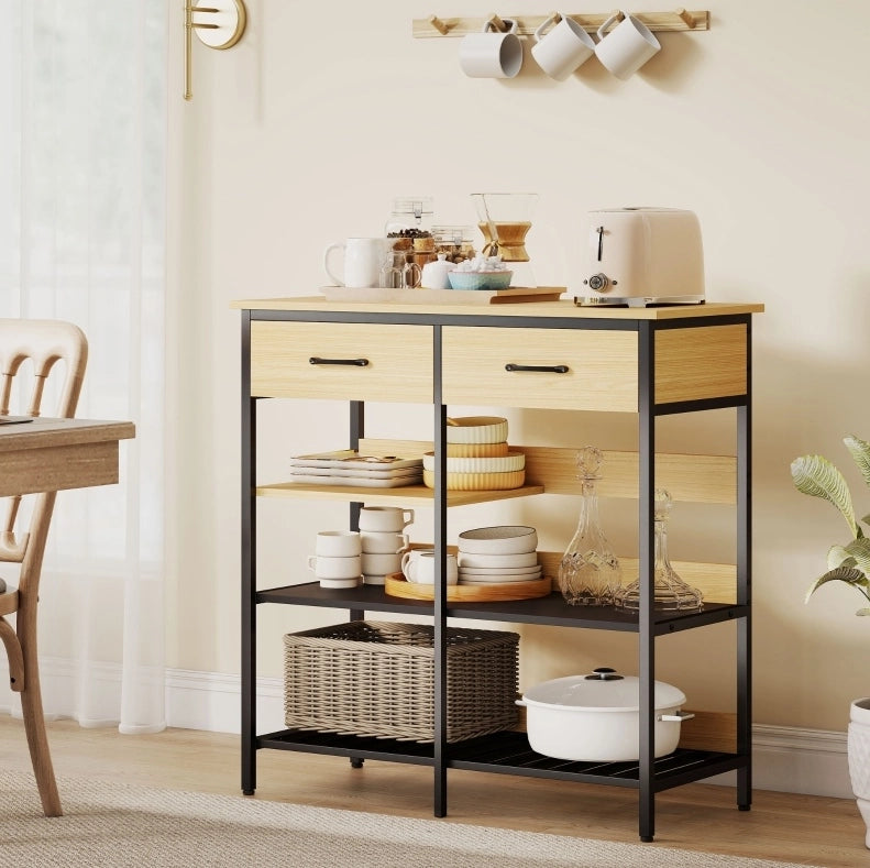 Credenza in legno naturale con 2 cassetti e 3 ripiani aperti 90x40x91 cm, stile industriale