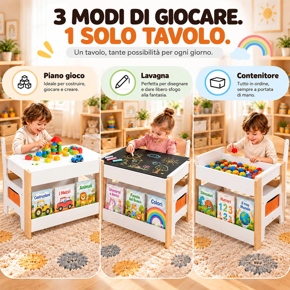 Set Tavolino per Bambini e Sedie 4 in 1 Sedie in Legno Piano Bianco e Arancione
