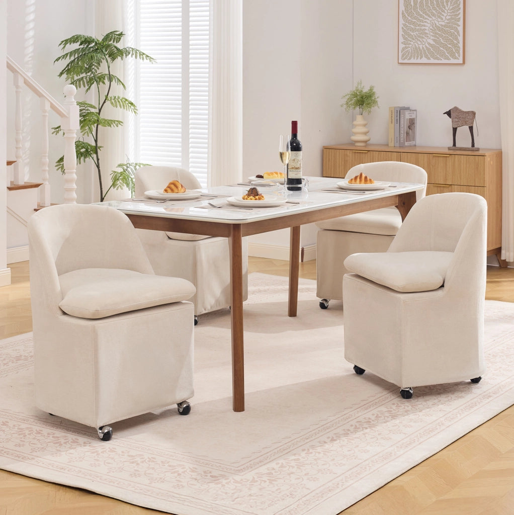Set 2 sedie da pranzo ULEVR in tessuto chenille beige, girevoli a 360¡ã con ruote, rivestimento sfoderabile, senza braccioli