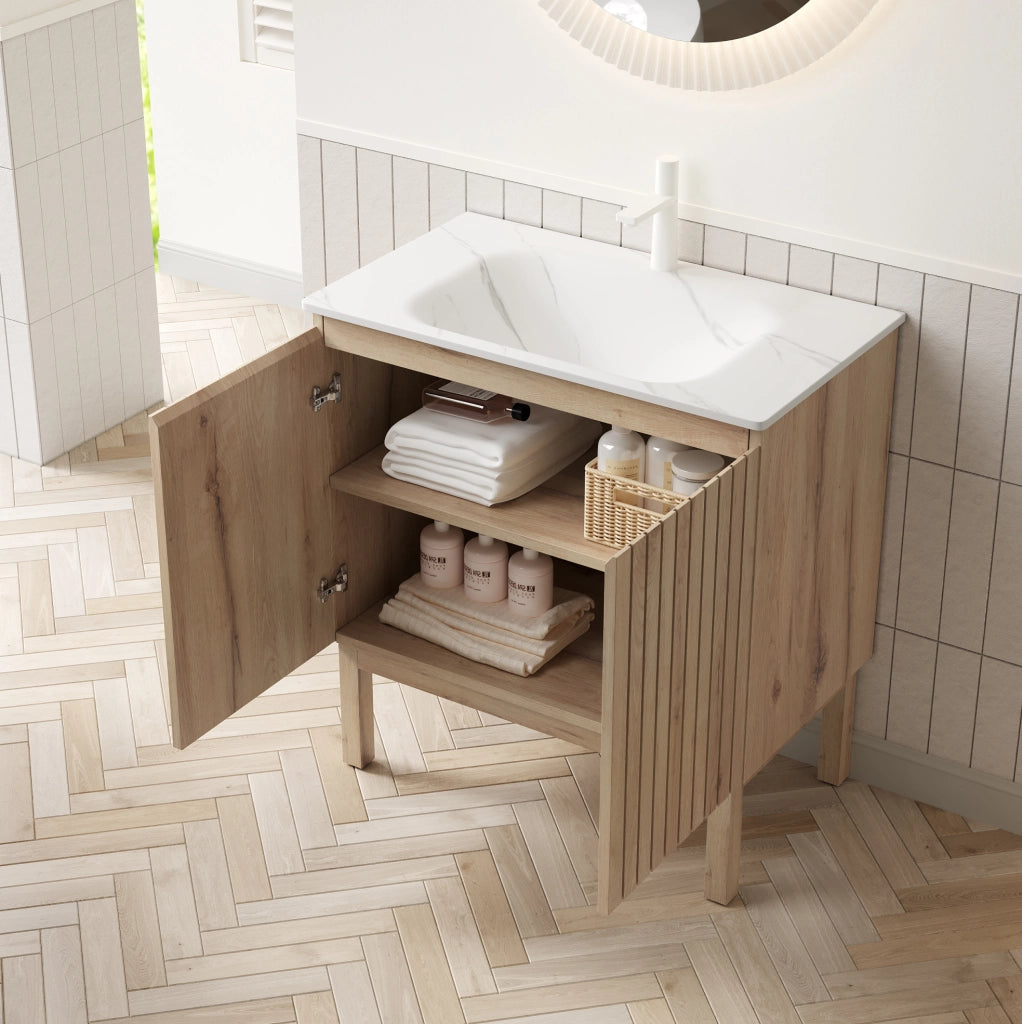 Mobile bagno con lavabo 80,5x46,5x86,5 cm pietra sinterizzata bianca, 2 ante
