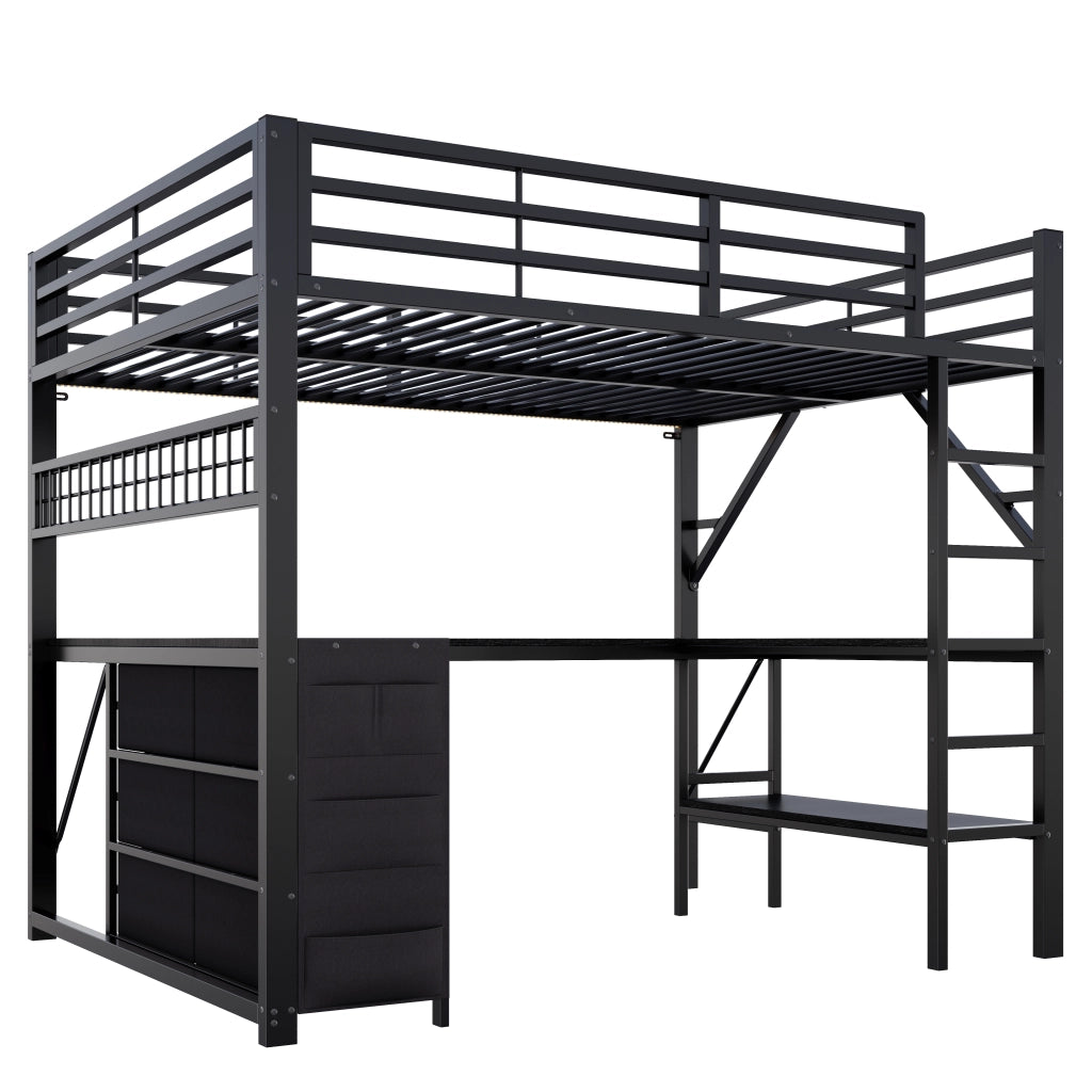 Letto a soppalco in metallo 140x200 con scrivania a U; cassetti e LED; nero