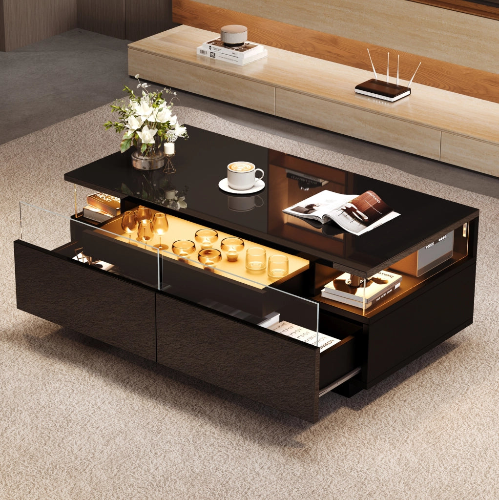Tavolino da salotto moderno 90 x 45 x 35;5 cm nero lucido con LED; 2 cassetti e vassoio