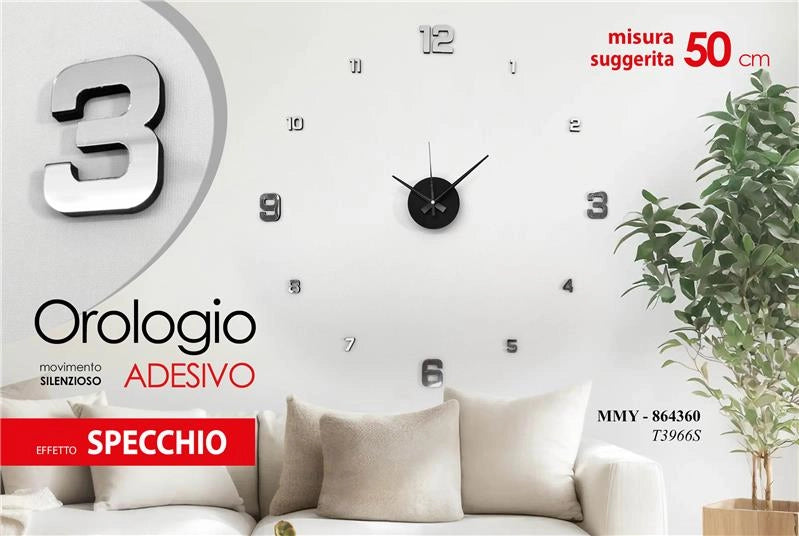 OROLOGIO ADESIVO DA PARETE SILENZIOSO EFFETTO SPECCHIO 50CM