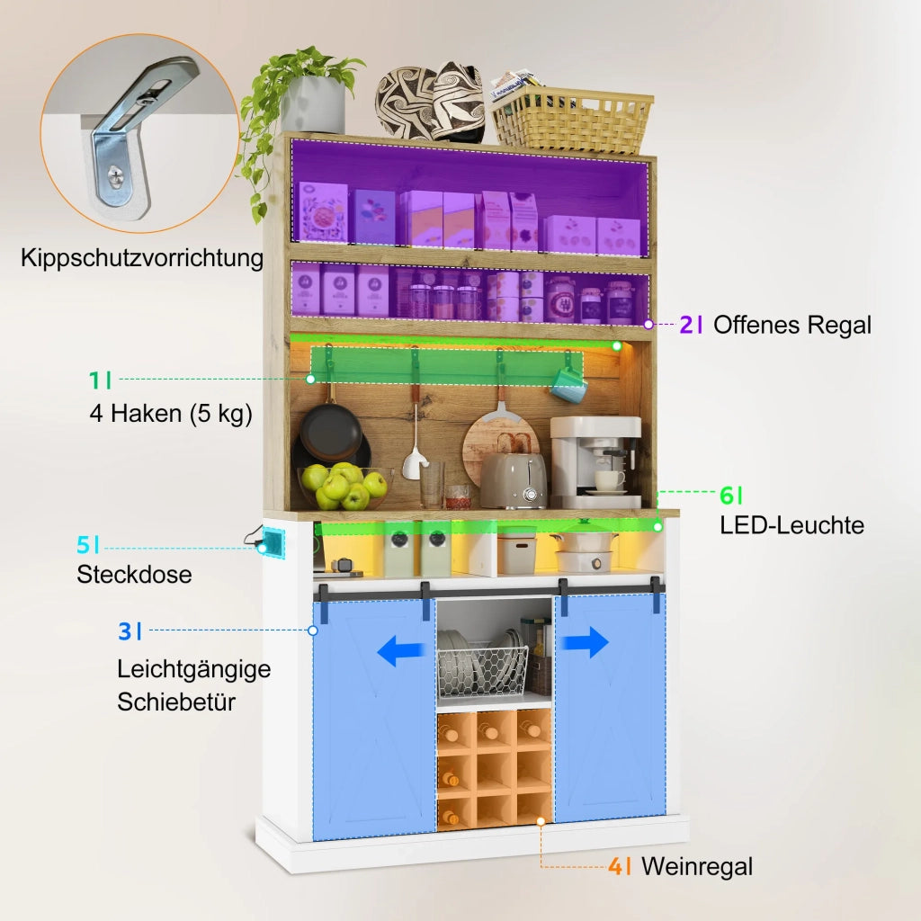 Armadio da cucina alto 191 cm con LED, presa, ganci, portabottiglie e vetrina per cucina e sala da pranzo