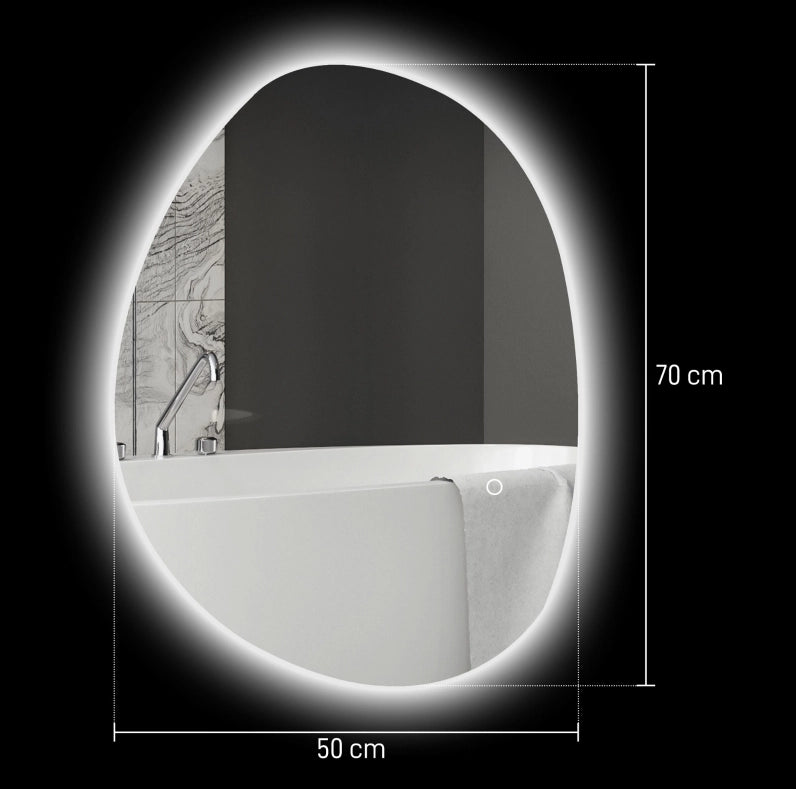 Specchio bagno asimmetrico LED con antiappannamento, argento
