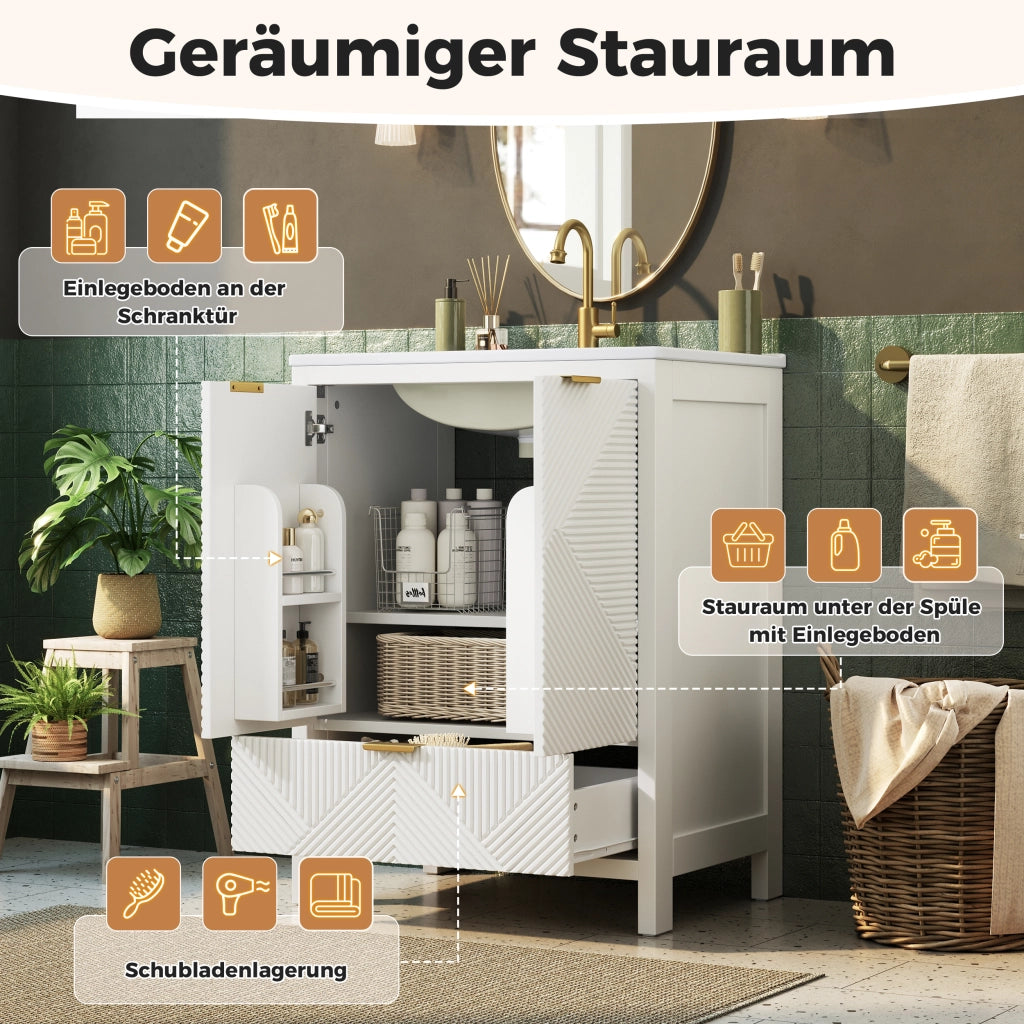 Mobile sottolavabo con lavabo in ceramica, 2 ante ammortizzate, cassetto e ripiani, per bagno, bianco, 61 × 47 × 87 cm