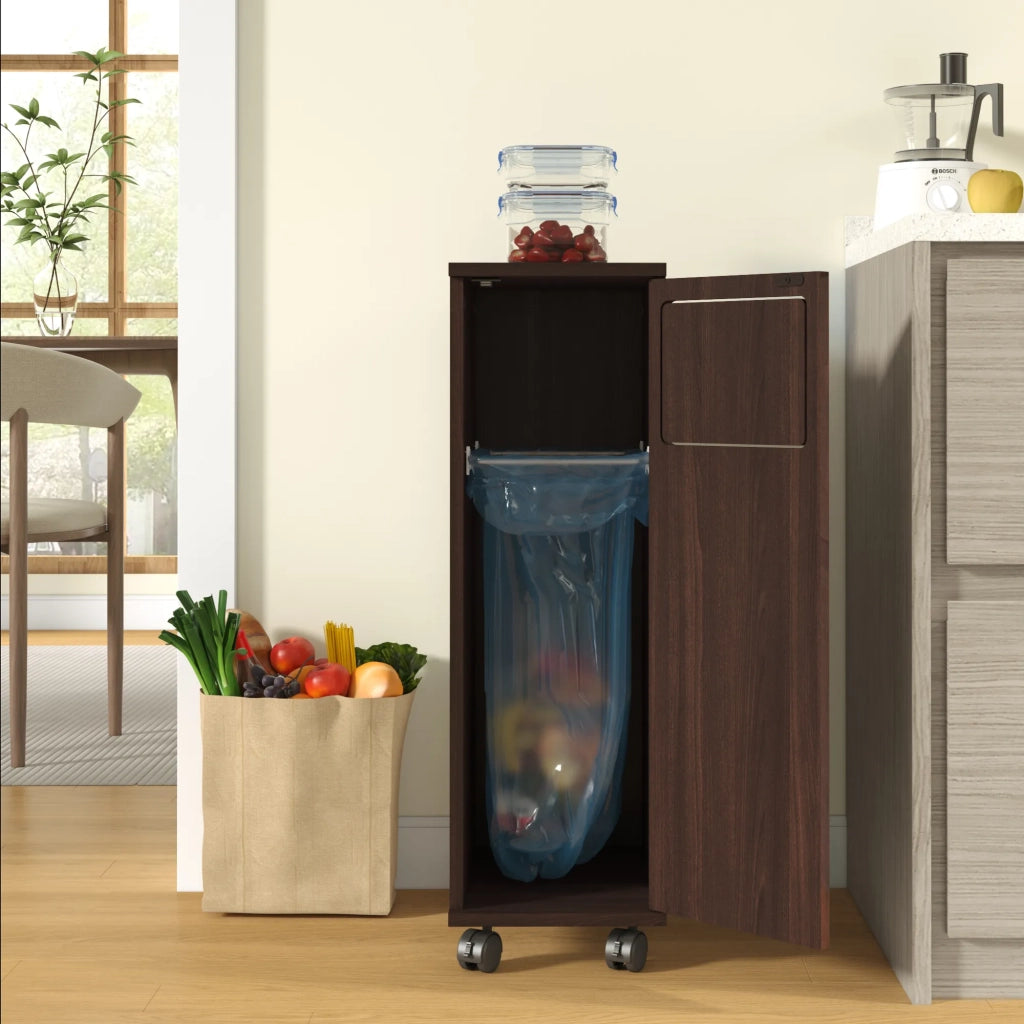 Mobile porta rifiuti 1 anta, armadio cucina scorrevole in noce lucido con ruote nere, per cucina e sala da pranzo, 24,2x35,1x80,2 cm