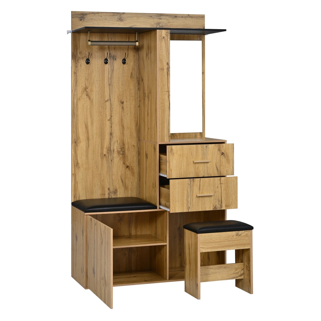 Mobile da ingresso con specchio, LED, 2 cassetti, seduta e scarpiera con ripiani regolabili, MDF naturale, 100 × 40 × 172.5 cm