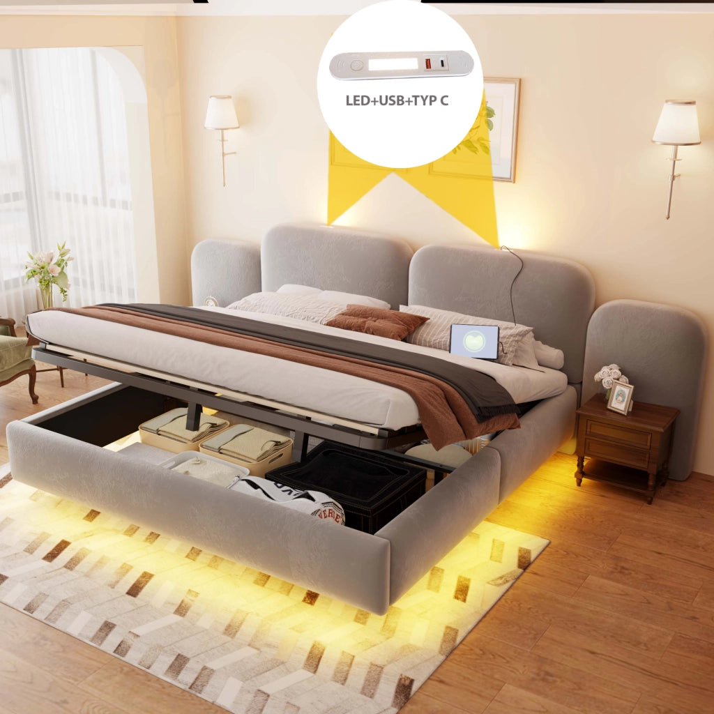 Letto contenitore 180 × 200 cm con sollevamento idraulico; LED RGB; USB e USB-C; rivestito in velluto grigio