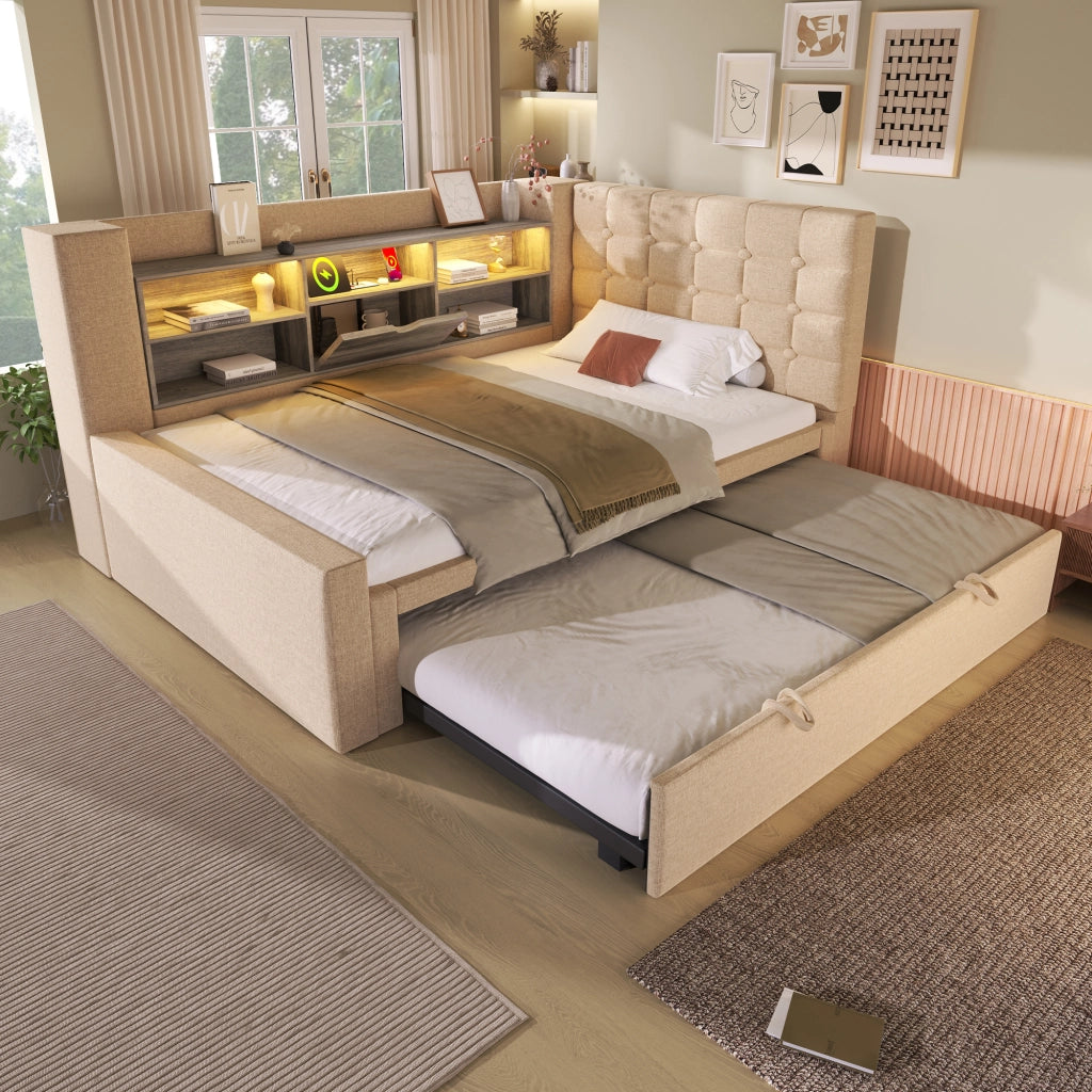 Letto 90 x 200 cm con letto estraibile 90 x 190 cm e LED, letto imbottito per bambini in lino beige, materasso non incluso