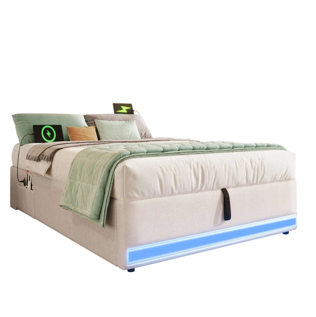 Letto imbottito 90x200 cm beige con LED, USB/Type-C e vano contenitore