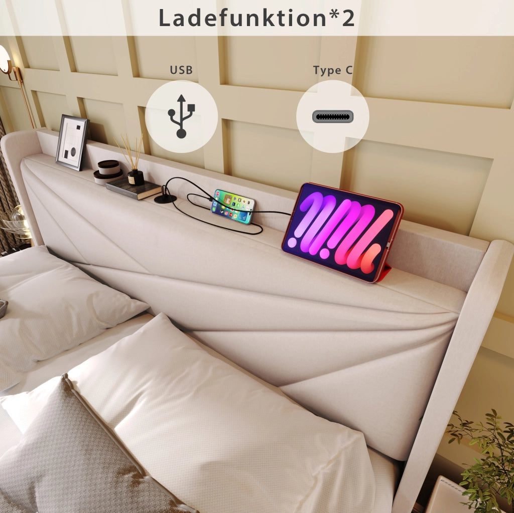 Letto singolo imbottito con contenitore e testiera USB Tipo C 90x200 cm senza materasso