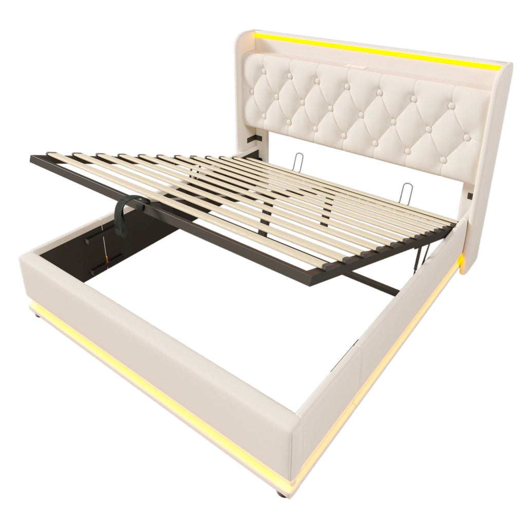 Letto matrimoniale 140x200 cm con contenitore idraulico, LED 360Â° e rivestimento in PU bianco