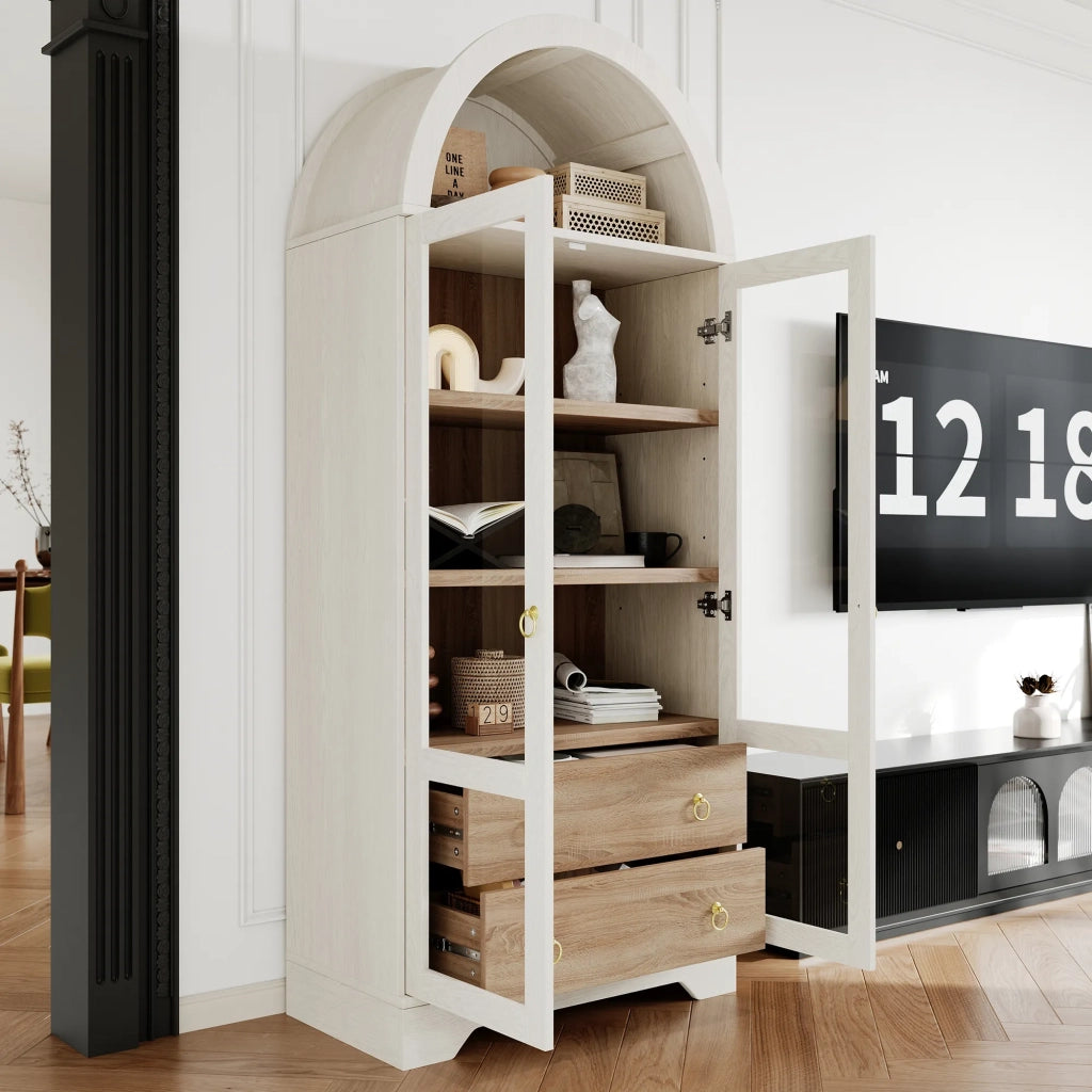 Highboard bianco con ripiani regolabili, cassetti e ante in vetro trasparente. Ampio contenitore ideale per cucina, sala da pranzo e soggiorno.