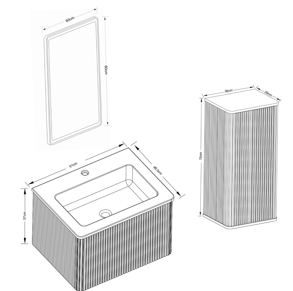 Set Mobili Bagno Moderno con Specchio LED, Mobile Sottolavabo 60 cm Bianco con Lavabo in Pietra Sintetica e Colonna Laterale