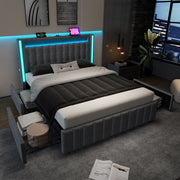 Letto imbottito 140x200 grigio con LED, USB-C, 4 cassetti e rete