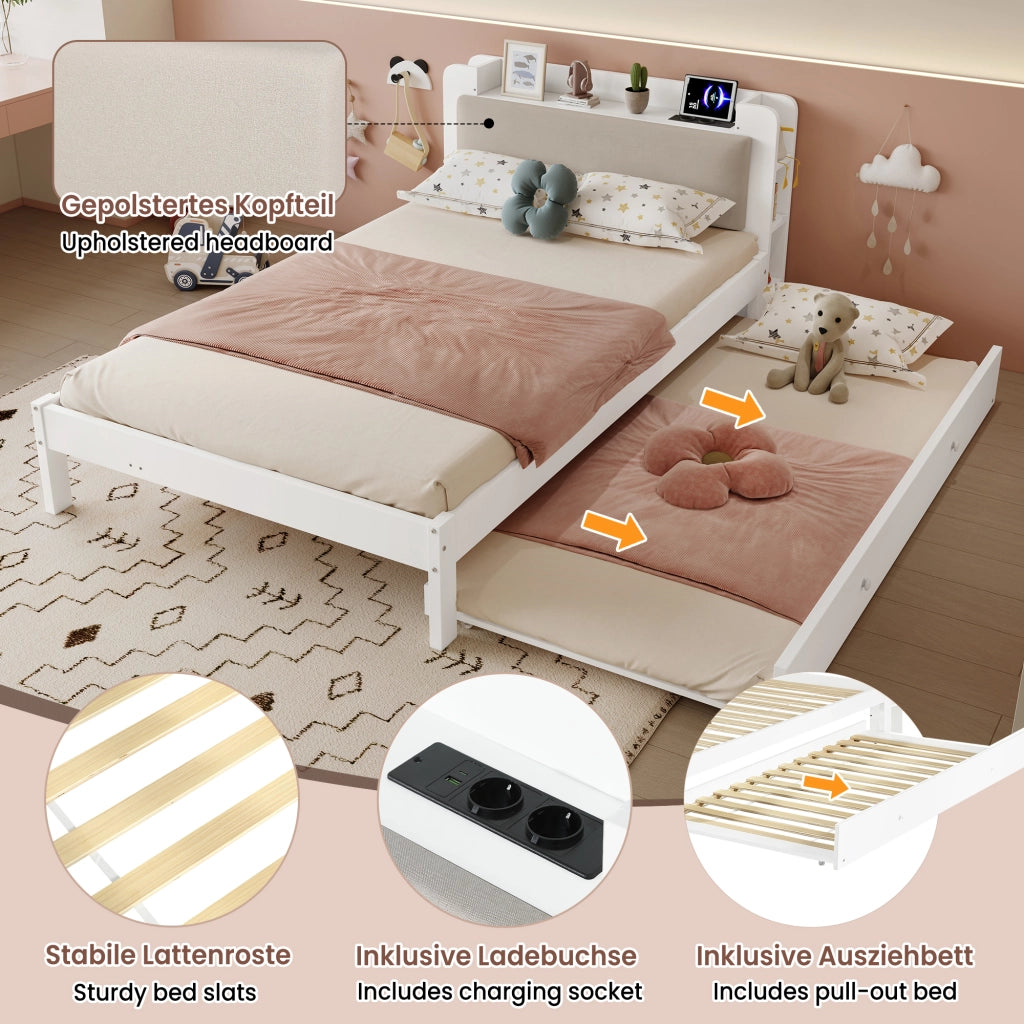 Divano letto 120 x 200 cm con LED e contenitori, letto estraibile in legno bianco con funzione estensibile, testiera e struttura salvaspazio