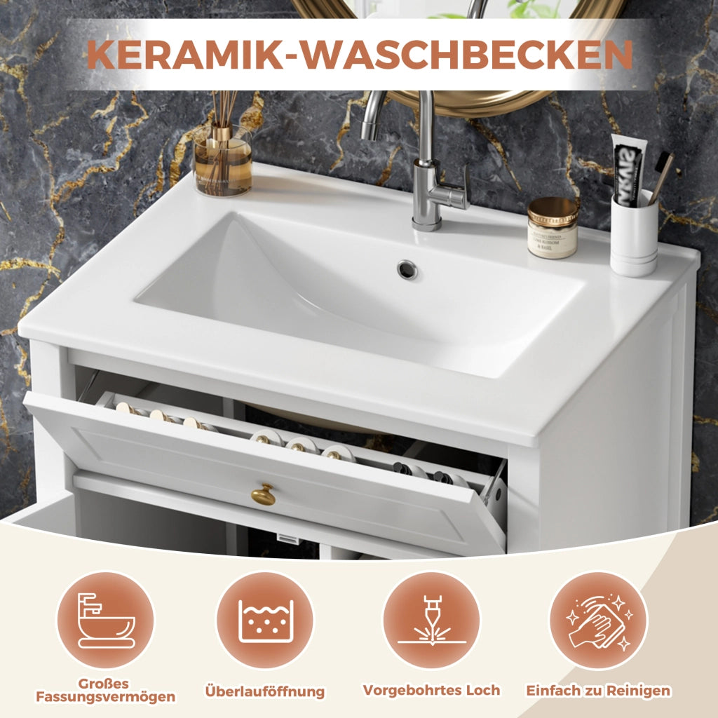 Mobile lavabo da terra 61 cm bianco lucido con lavabo in ceramica e maniglie dorate