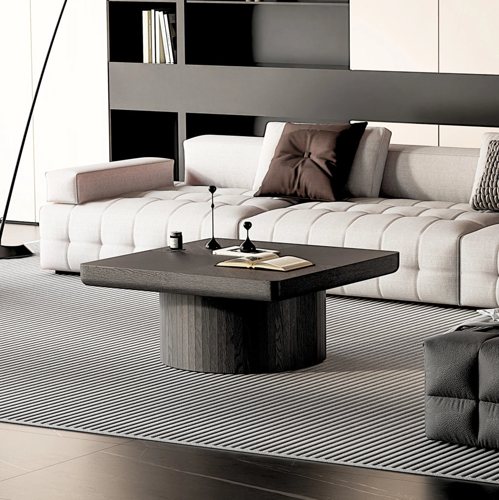 Tavolino Quadrato 78cm con Piano in Impiallacciatura a Parquet e Base Cilindrica Nero