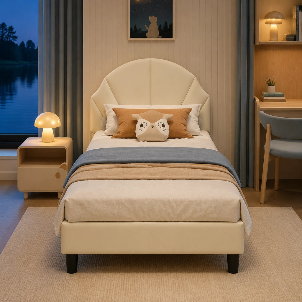 Letto per bambini 90x190 cm; letto singolo imbottito con testiera regolabile e rete a doghe per bambini;adolescenti; velluto; beige; senza materasso