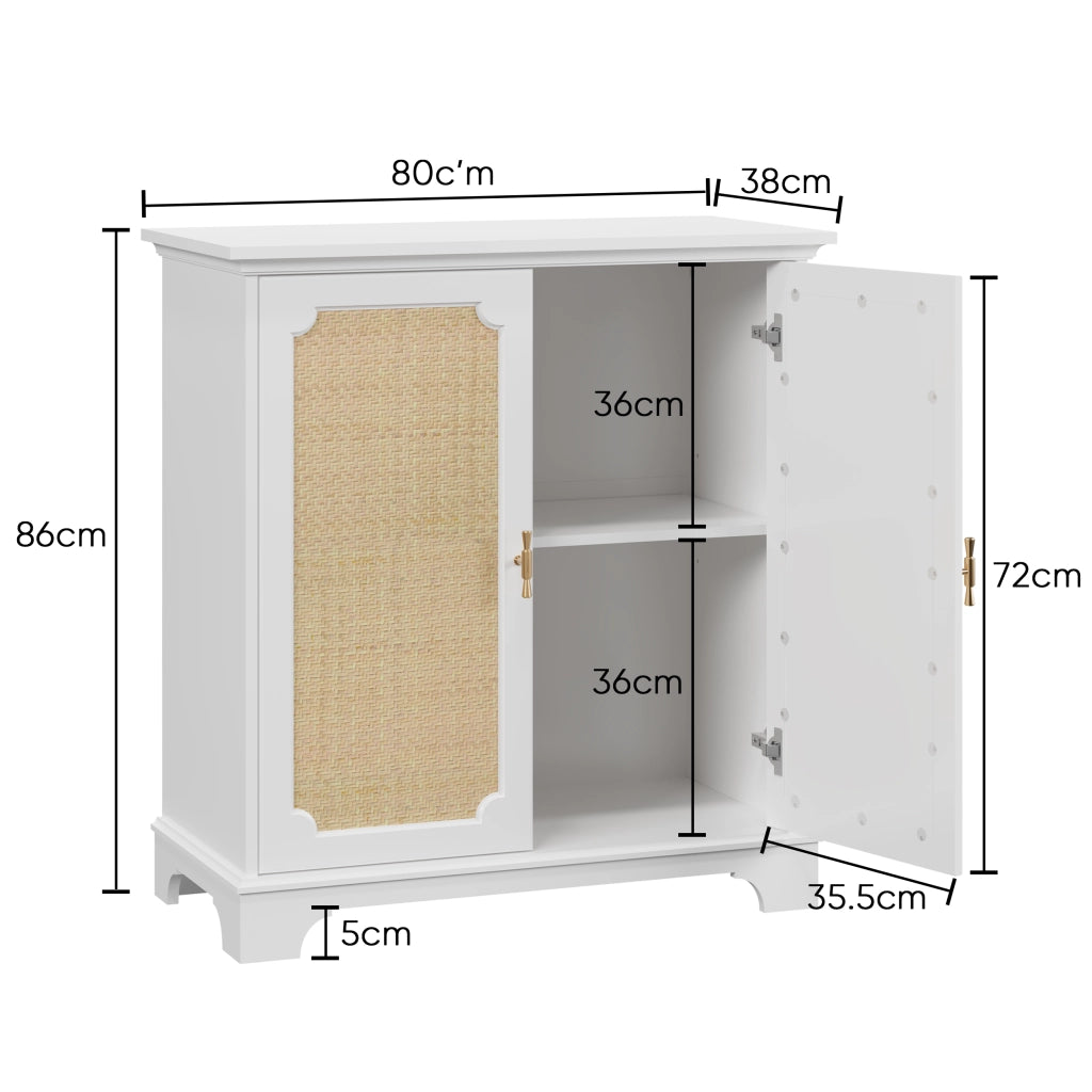 Credenza con due ante in rattan e gambe in legno ripiano regolabile MDF bianca per cucina e soggiorno 80 × 38 × 86 cm