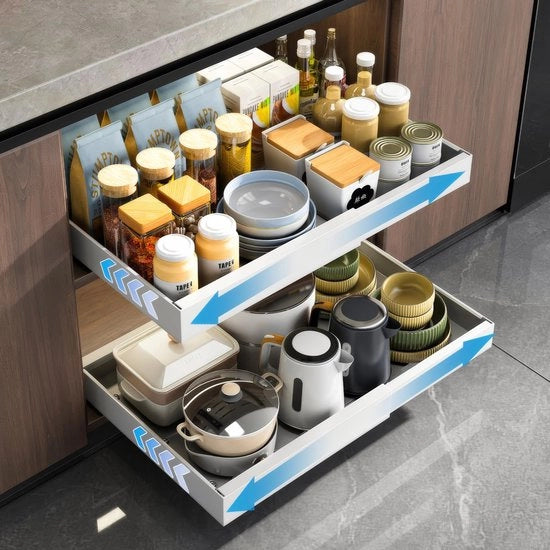 Telescopica luce per cucina, ante cucina estensibile, installazione senza attrezzi con opzione colla o viti, cassetto regolabile e trasportabile per armadi cucina, 2 pezzi (bianco)
